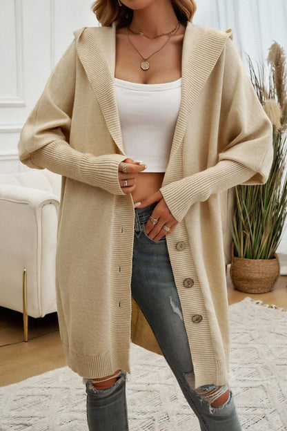 Button Up Long Sleeve Hooded Cardigan - TayDiane