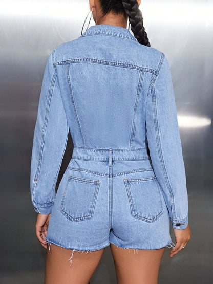 Buttoned Collared Neck Long Sleeve Denim Romper - TayDiane