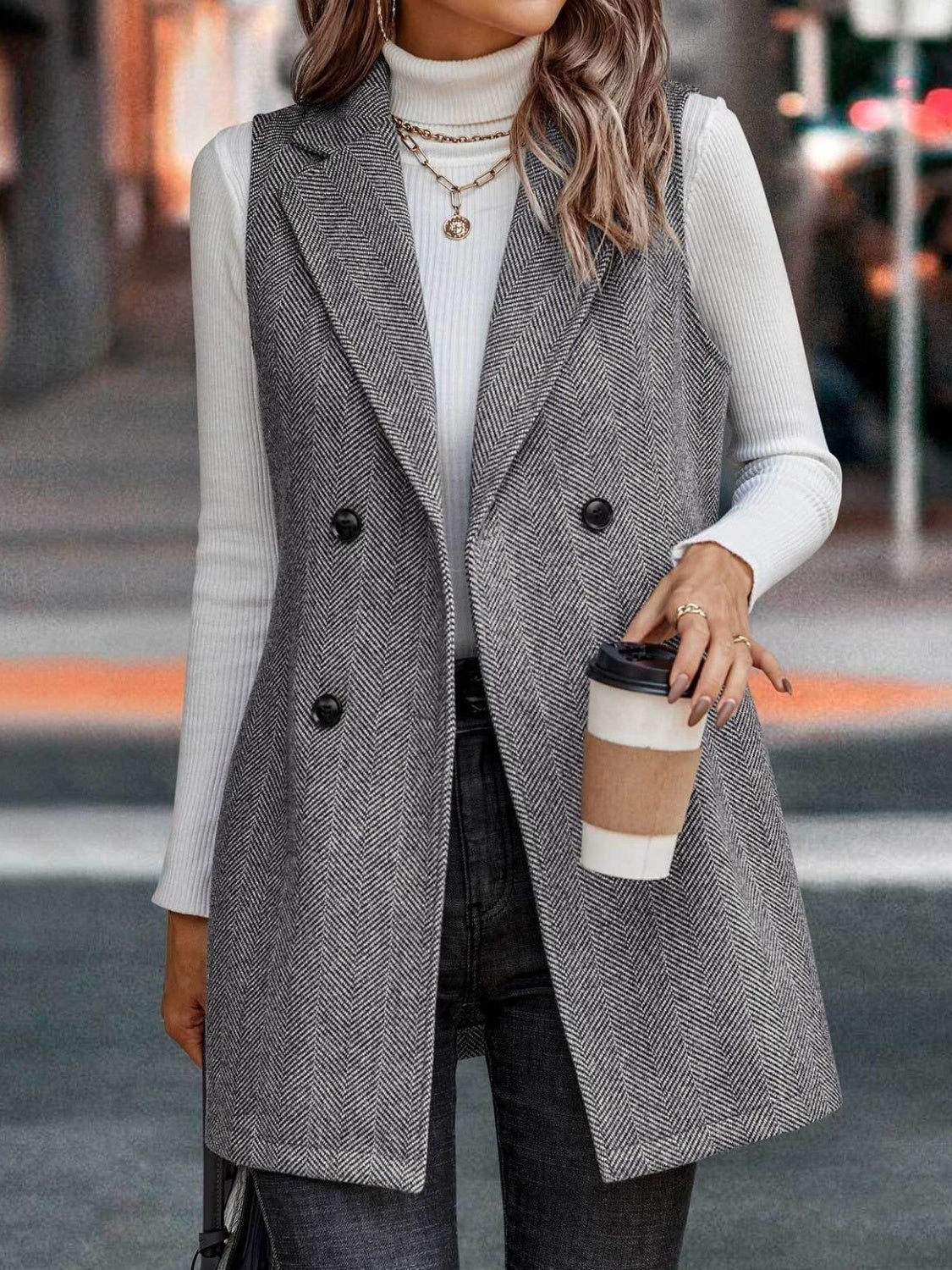 Buttoned Collared Neck Longline Vest Coat - TayDiane