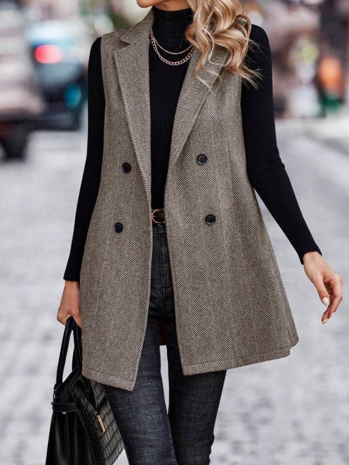 Buttoned Collared Neck Longline Vest Coat - TayDiane