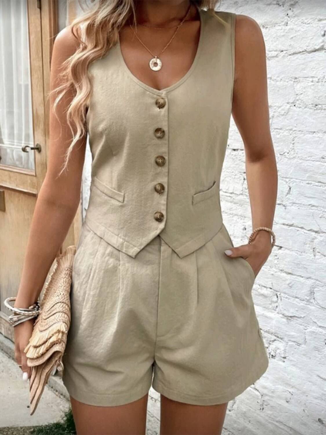 Scoop Neck Sleeveless Vest and Shorts Set