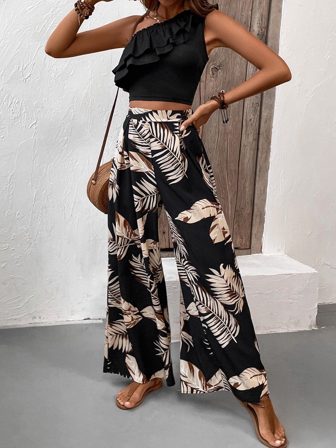 Leaf Print Ruffled Top and Pants Set