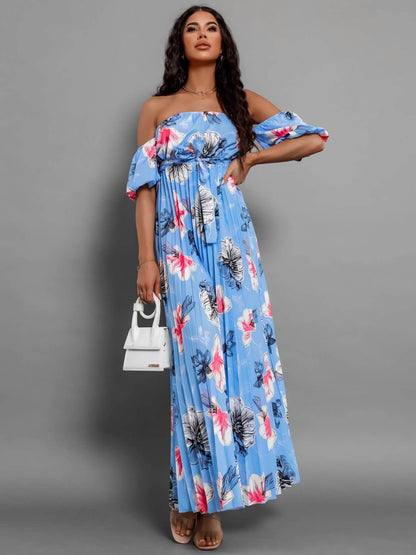 Pleated Floral Off-Shoulder Maxi  Dress