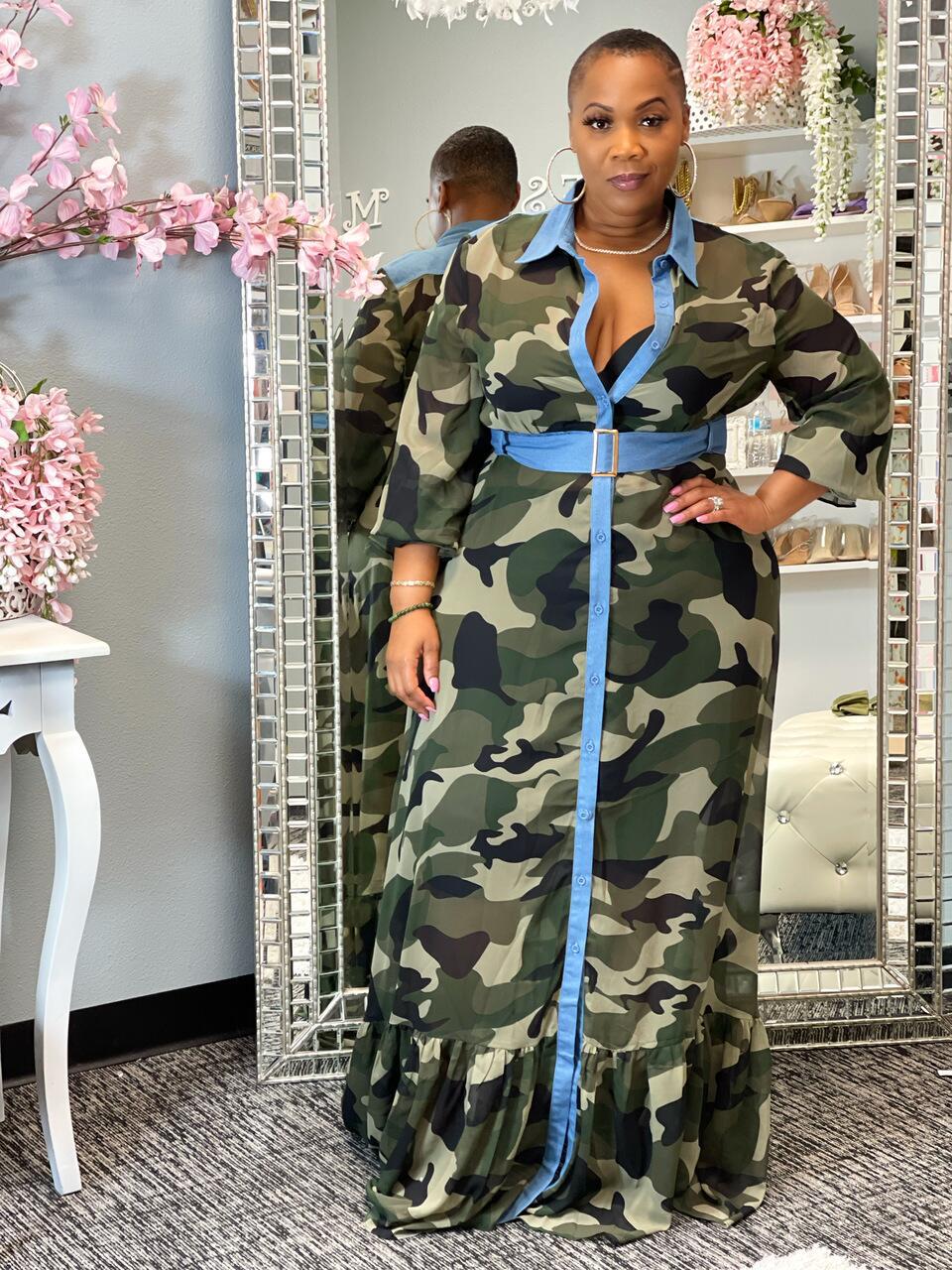 Camo Chic Contrast Trim Maxi Dress - TayDiane