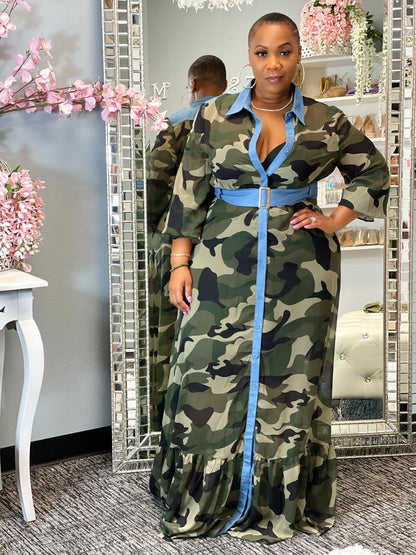 Camo Chic Contrast Trim Maxi Dress - TayDiane