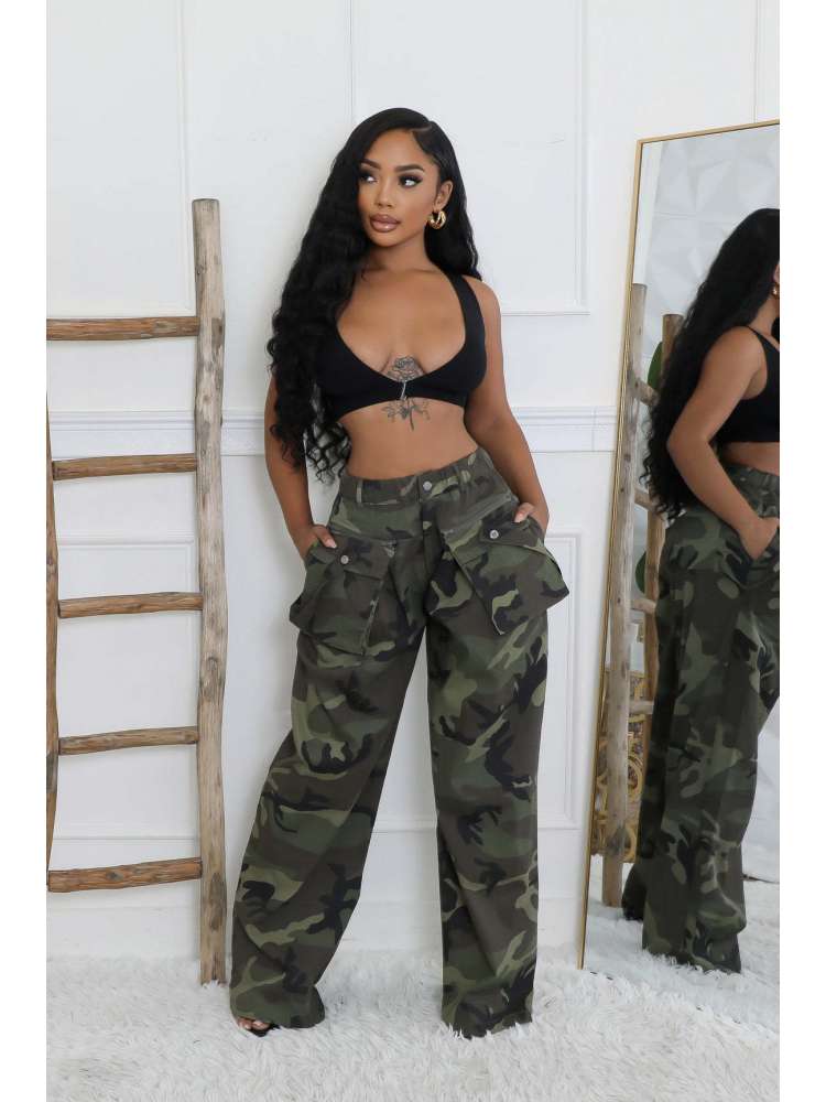 Camo High - Waist Cargo Pants with Belt Detail - TayDiane