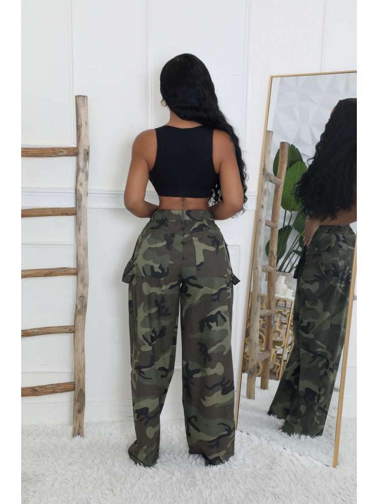Camo High - Waist Cargo Pants with Belt Detail - TayDiane