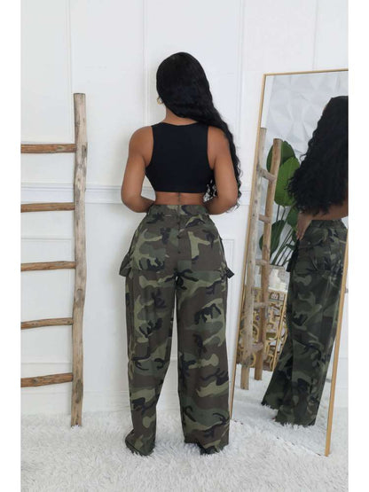 Camo High - Waist Cargo Pants with Belt Detail - TayDiane