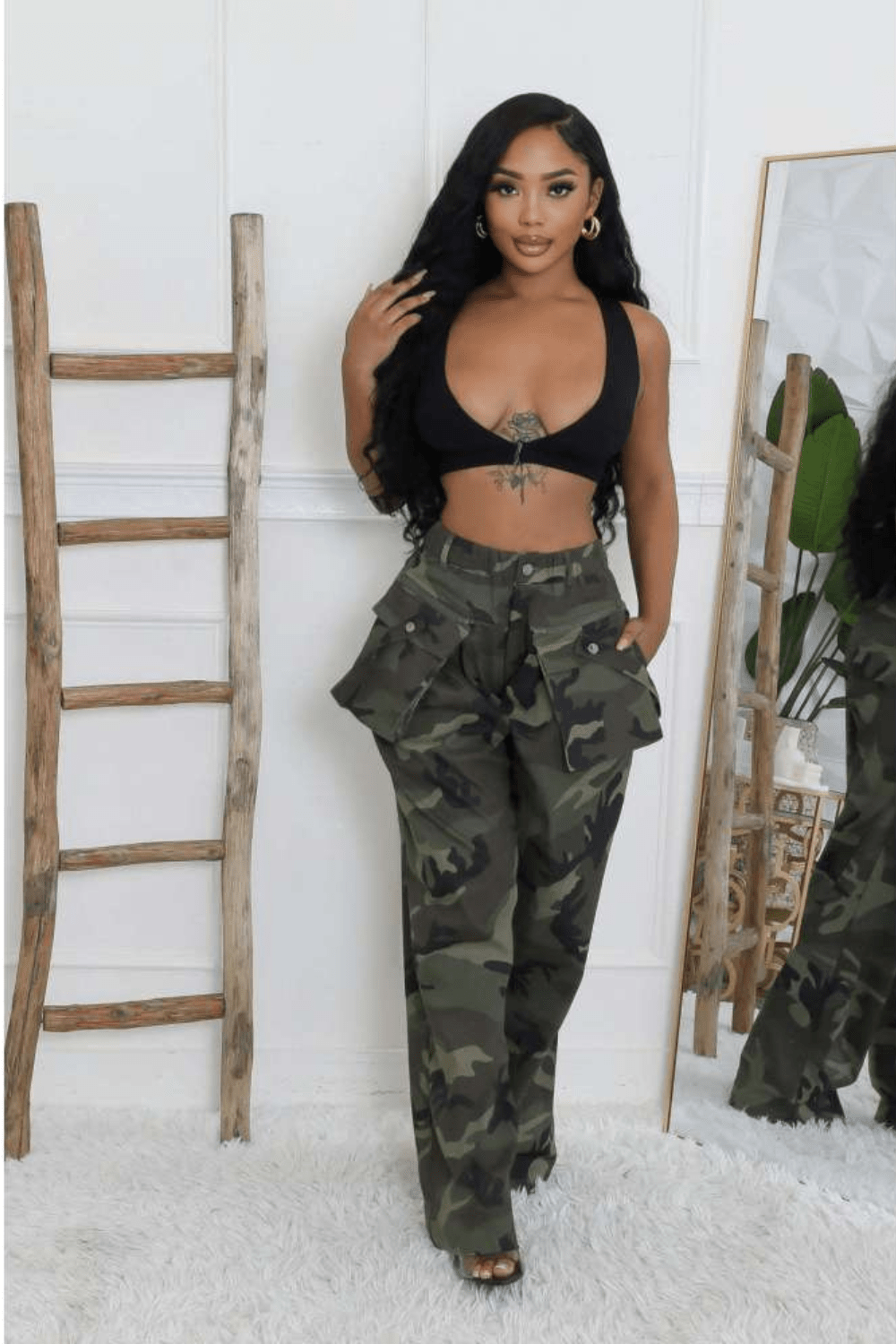 Camo High - Waist Cargo Pants with Belt Detail - TayDiane