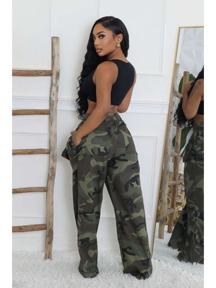 Camo High - Waist Cargo Pants with Belt Detail - TayDiane