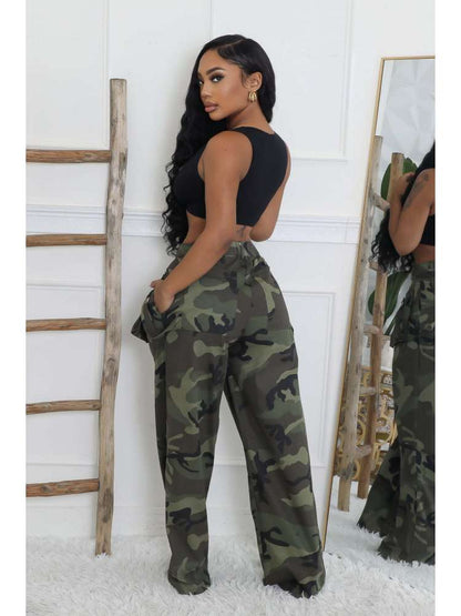 Camo High - Waist Cargo Pants with Belt Detail - TayDiane