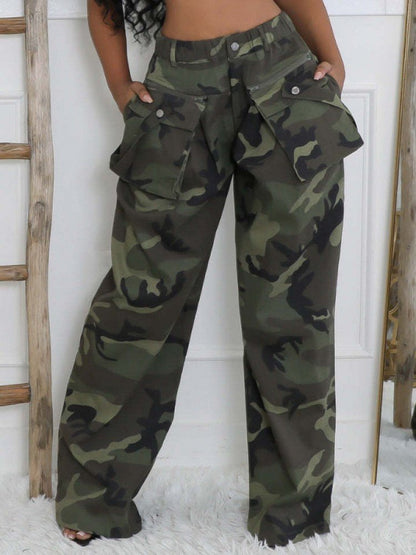 Camo High - Waist Cargo Pants with Belt Detail - TayDiane