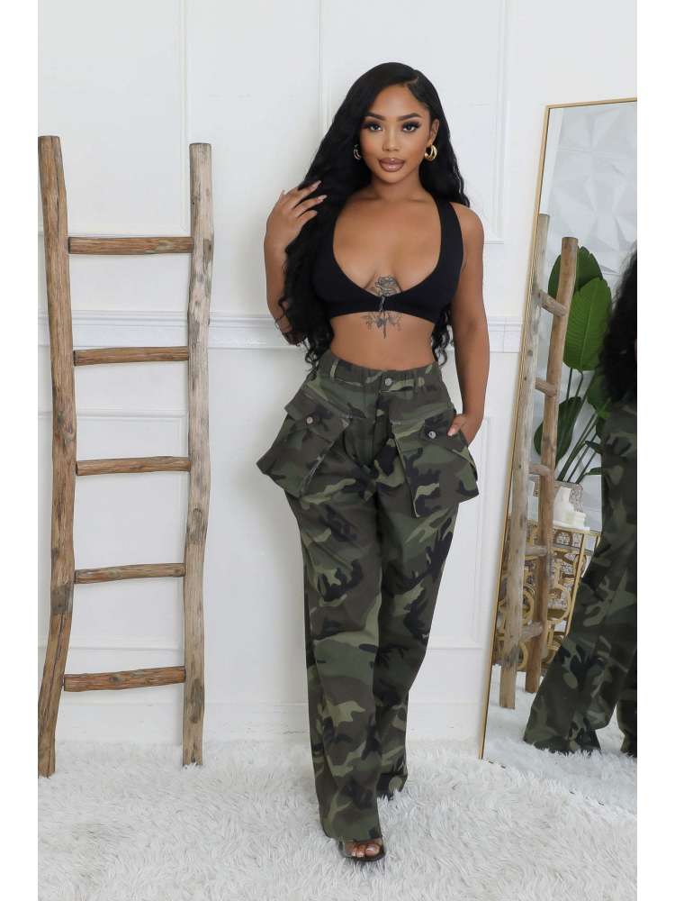 Camo High - Waist Cargo Pants with Belt Detail - TayDiane