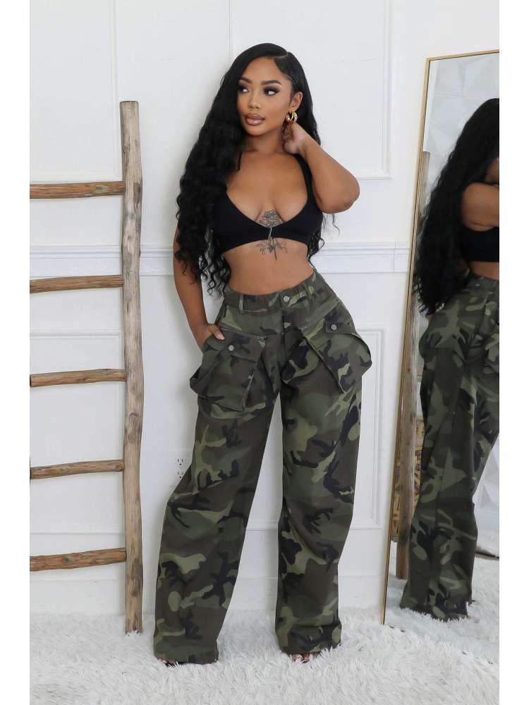 Camo High - Waist Cargo Pants with Belt Detail - TayDiane