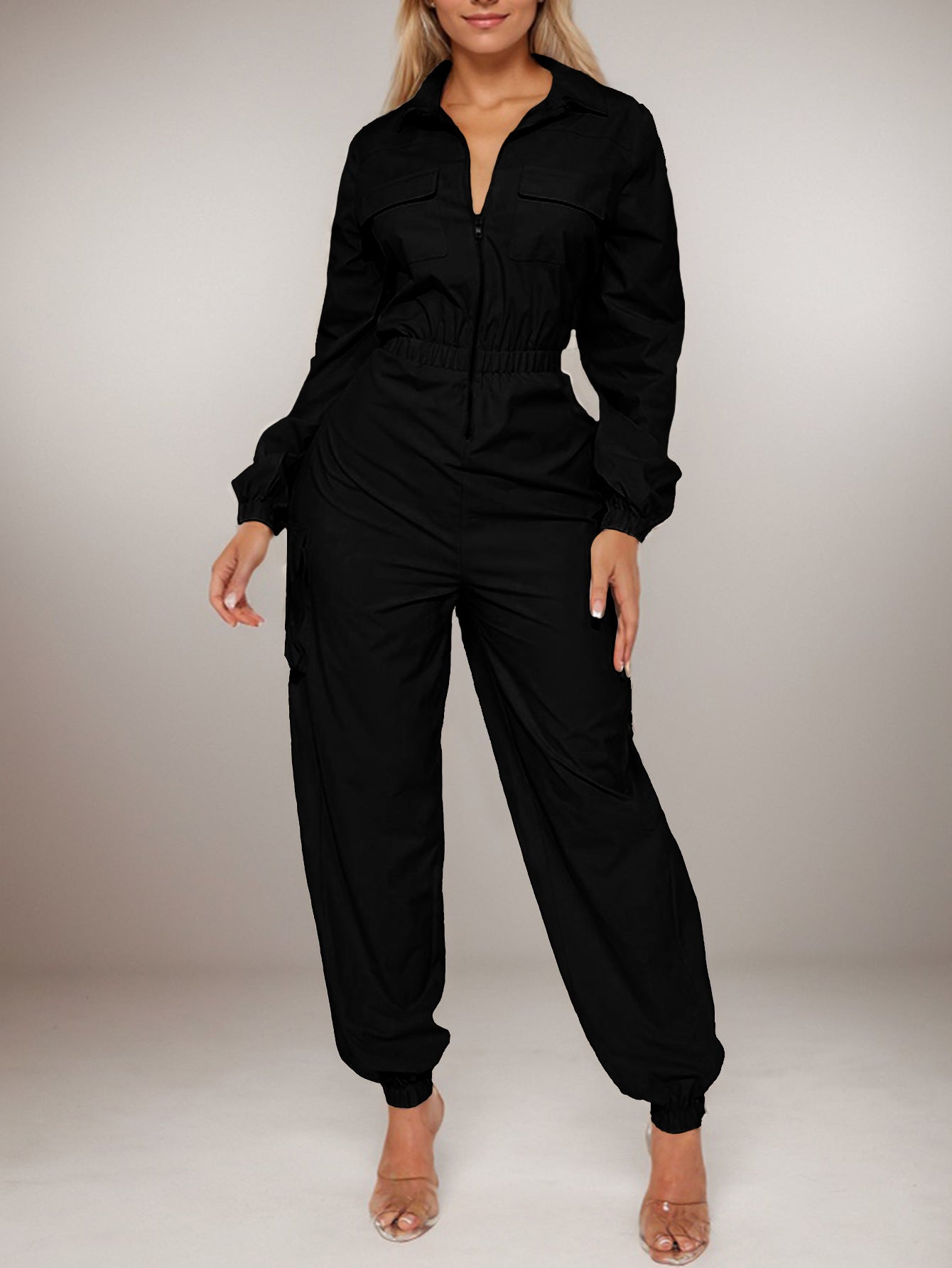 Cargo Jumpsuit with Elastic Waist and Zipper Closure - TayDiane