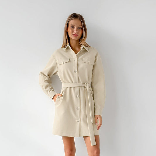 Casual Khaki Button - Down Long - Sleeve Shirt Dress - TayDiane