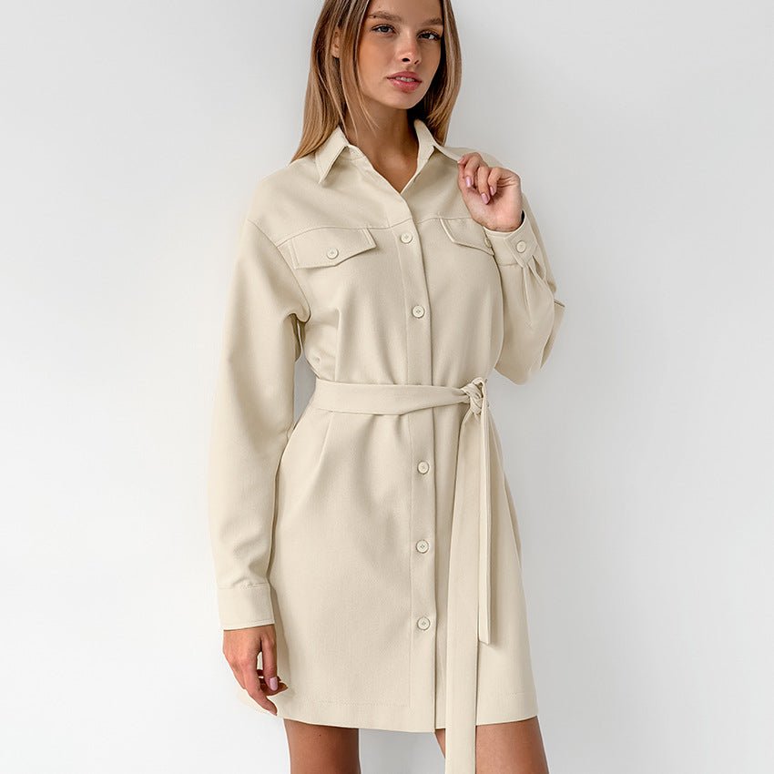 Casual Khaki Button - Down Long - Sleeve Shirt Dress - TayDiane