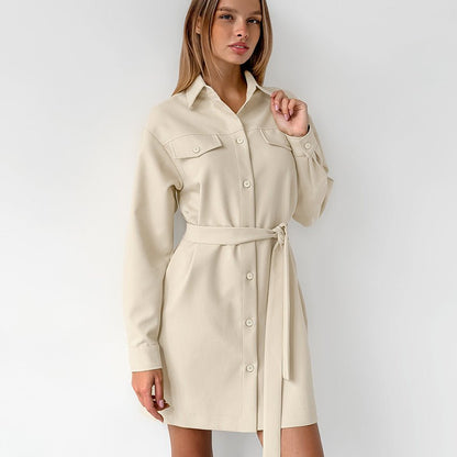 Casual Khaki Button - Down Long - Sleeve Shirt Dress - TayDiane