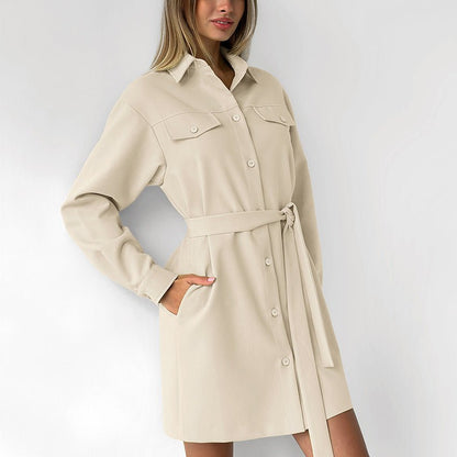 Casual Khaki Button - Down Long - Sleeve Shirt Dress - TayDiane