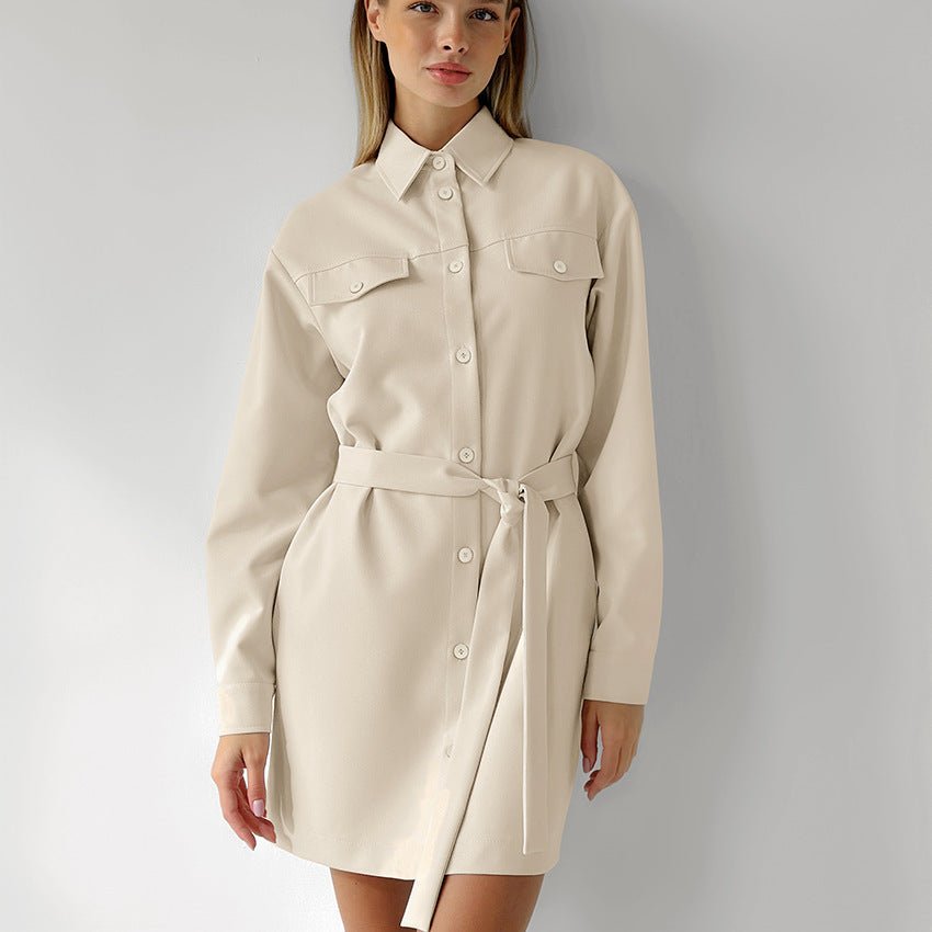 Casual Khaki Button - Down Long - Sleeve Shirt Dress - TayDiane