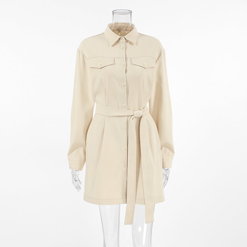 Casual Khaki Button - Down Long - Sleeve Shirt Dress - TayDiane