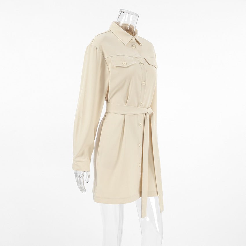 Casual Khaki Button - Down Long - Sleeve Shirt Dress - TayDiane