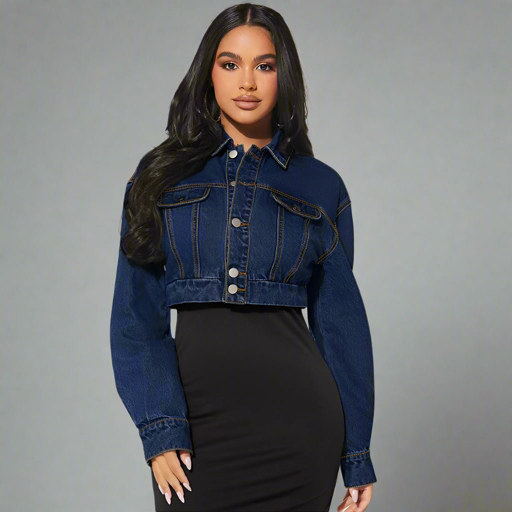 Casual Long Sleeve Cropped Denim Jacket - TayDiane