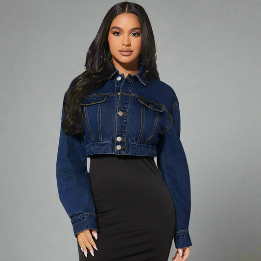 Casual Long Sleeve Cropped Denim Jacket - TayDiane