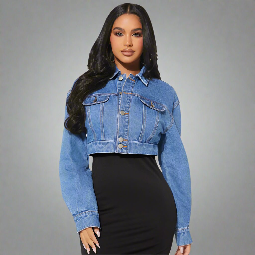 Casual Long Sleeve Cropped Denim Jacket - TayDiane