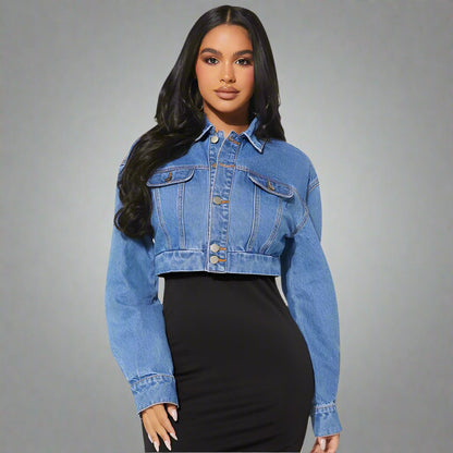 Casual Long Sleeve Cropped Denim Jacket - TayDiane