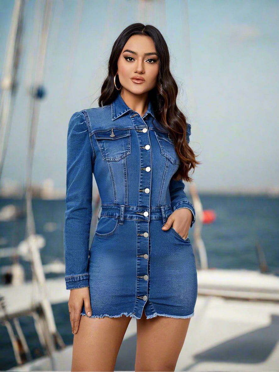 Casual Long - Sleeve Denim Dress - TayDiane