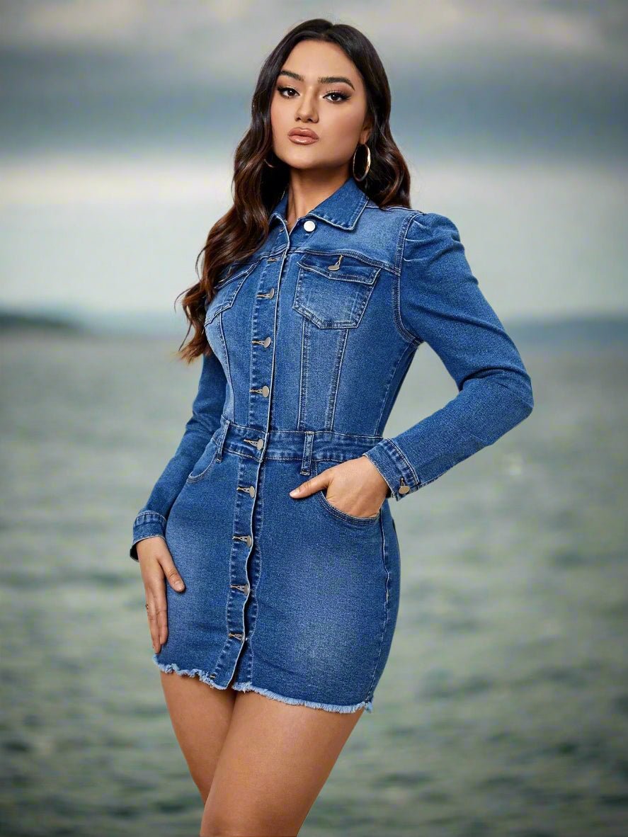 Casual Long - Sleeve Denim Dress - TayDiane