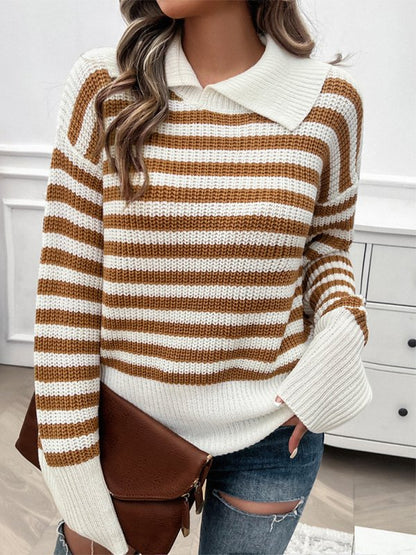 Casual Loose Lapel Striped Long Sleeve Sweater - TayDiane