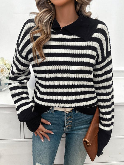 Casual Loose Lapel Striped Long Sleeve Sweater - TayDiane