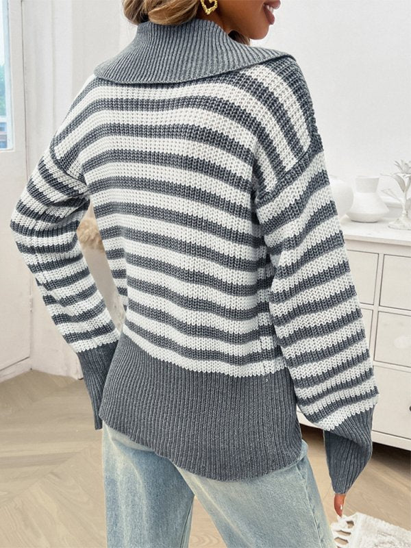 Casual Loose Lapel Striped Long Sleeve Sweater - TayDiane