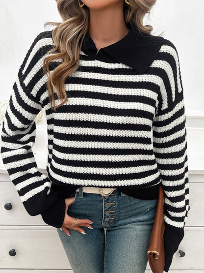 Casual Loose Lapel Striped Long Sleeve Sweater - TayDiane