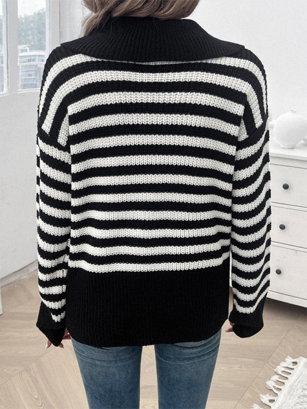 Casual Loose Lapel Striped Long Sleeve Sweater - TayDiane