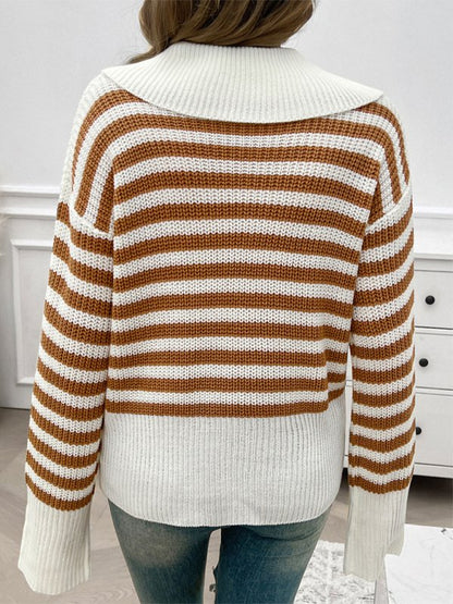 Casual Loose Lapel Striped Long Sleeve Sweater - TayDiane