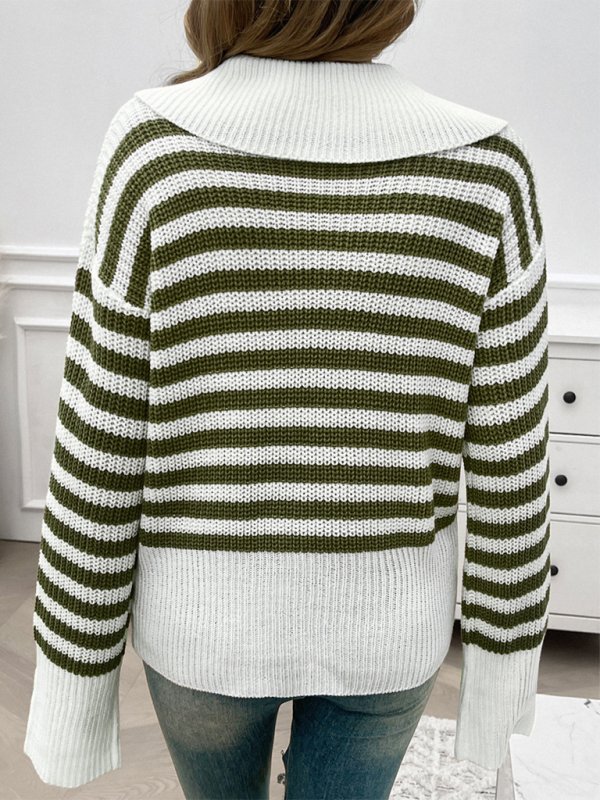 Casual Loose Lapel Striped Long Sleeve Sweater - TayDiane