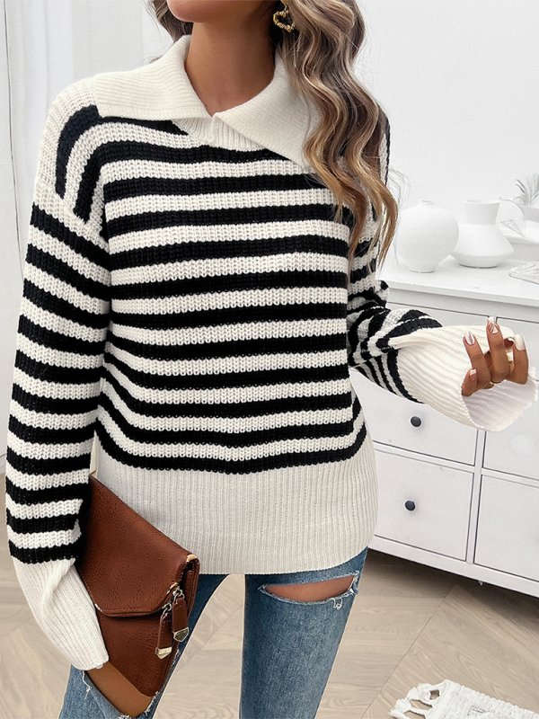 Casual Loose Lapel Striped Long Sleeve Sweater - TayDiane