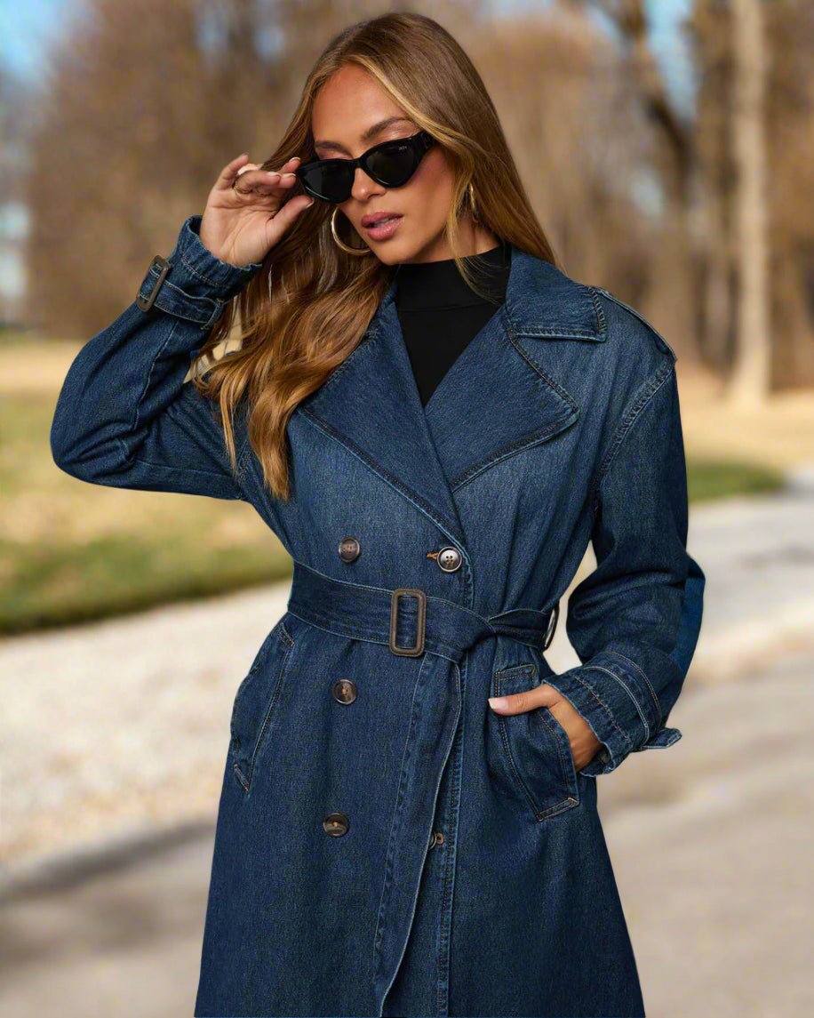 Casual Retro Denim Trench Coat with Belt - TayDiane