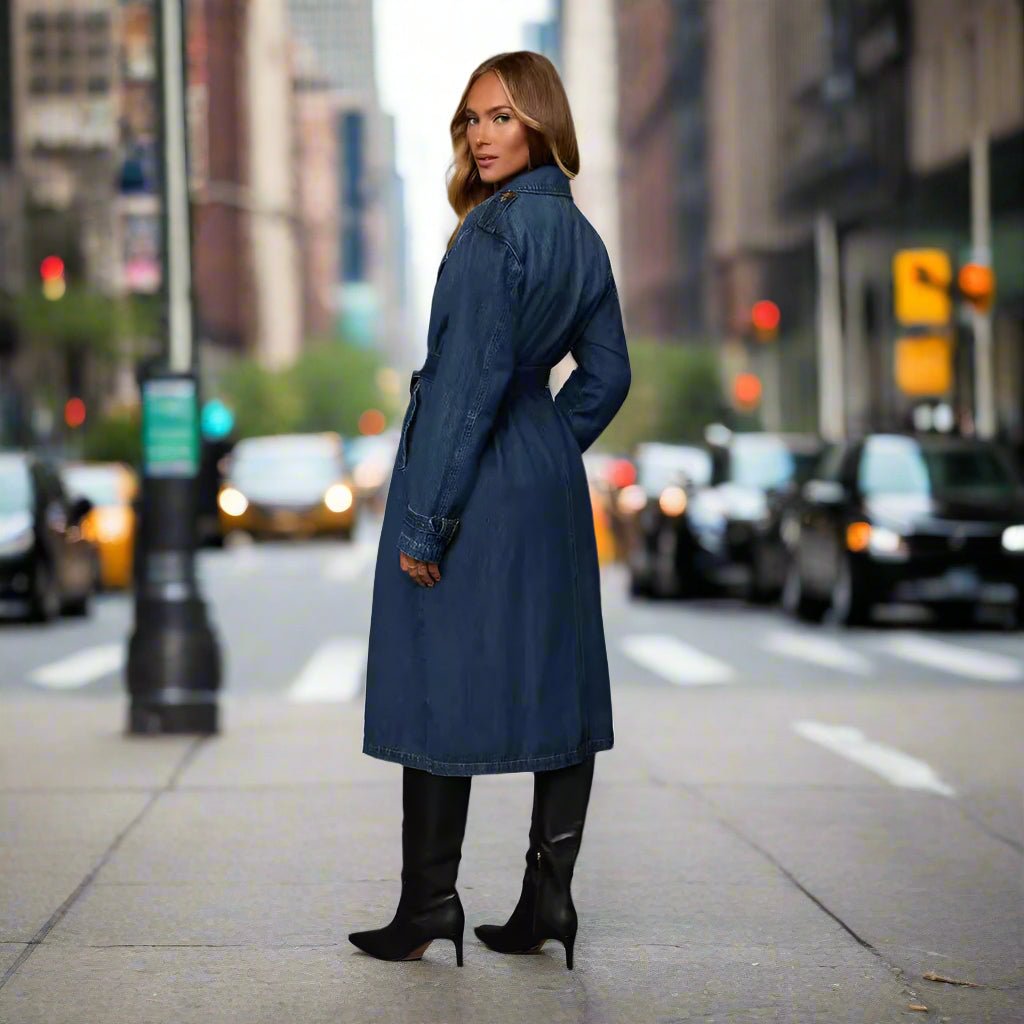 Casual Retro Denim Trench Coat with Belt - TayDiane
