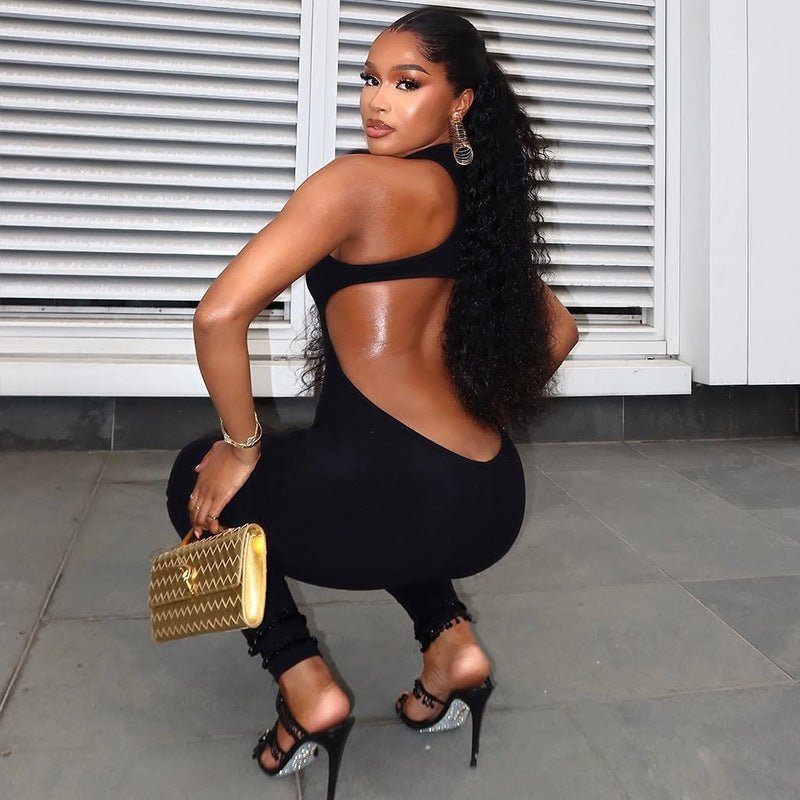Casual Sports Women Clothing Office Hollow Out Cut .out out Tight Solid Color Jumpsuit Backless Low Waist Long Jumpsuit - TayDiane