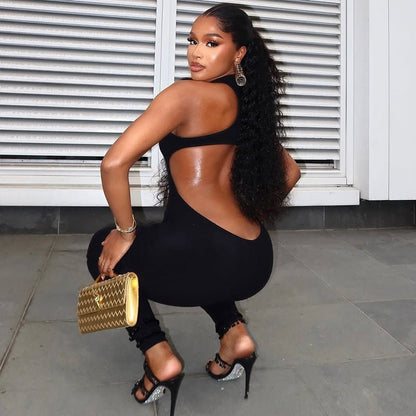 Casual Sports Women Clothing Office Hollow Out Cut .out out Tight Solid Color Jumpsuit Backless Low Waist Long Jumpsuit - TayDiane