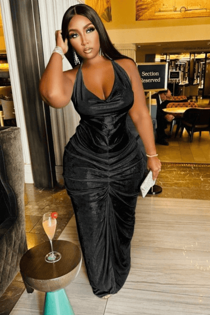 Celeste Satin Halter Ruched Maxi Dress - TayDiane