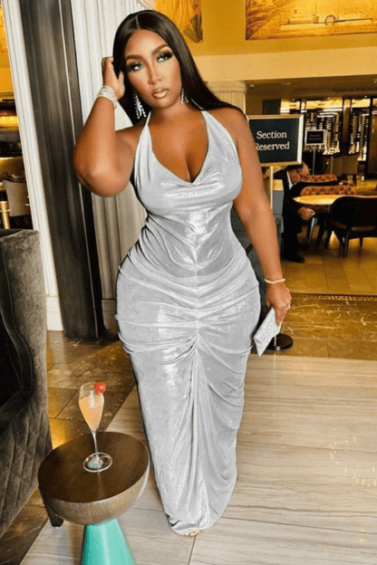 Celeste Satin Halter Ruched Maxi Dress - TayDiane