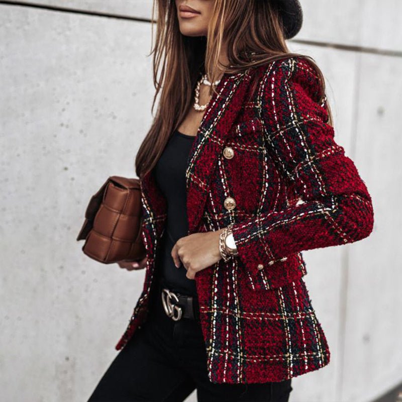 Checkered Double - Breasted Blazer - TayDiane