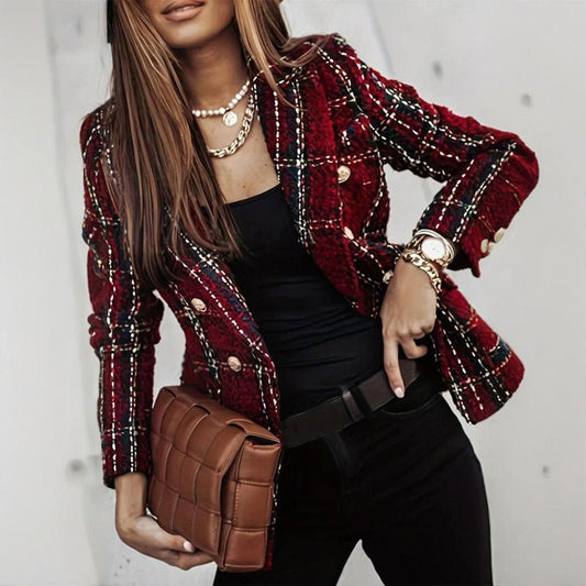 Checkered Double - Breasted Blazer - TayDiane