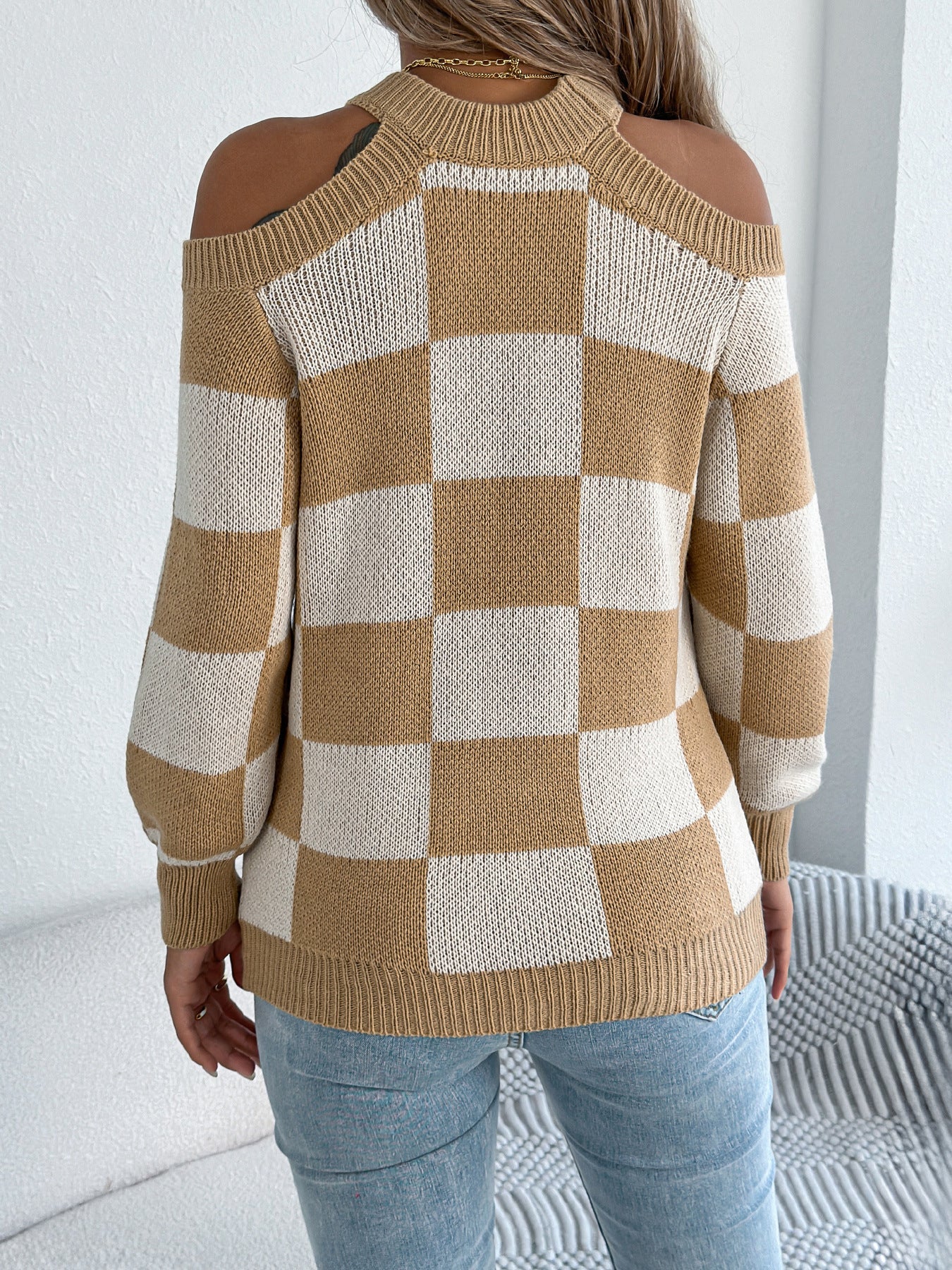 Checkered Print Sweater with Cold Shoulder Design - TayDiane