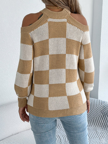 Checkered Print Sweater with Cold Shoulder Design - TayDiane